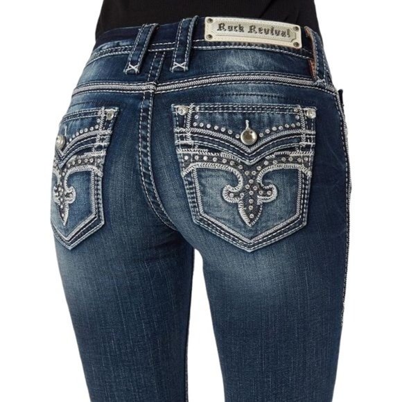 Rock Revival Denim - 🪴Rock Revival Jessee Mid-Rise Bootcut Dark Wash Embellished Jeans Size 29